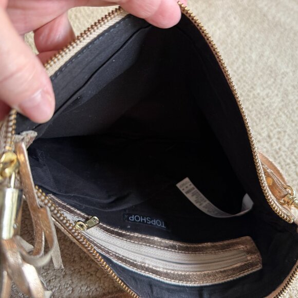 Topshop Gold Leather Bag Crossbody Tassel Zipper Removal Strap Boho Going Out - Picture 8 of 12